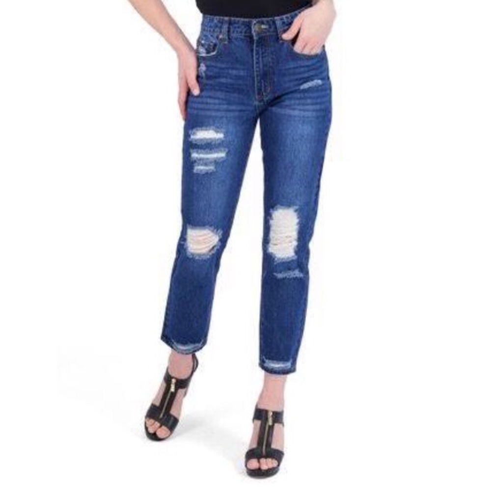 GOGO High Rise Distressed Mom Jeans Dark Wash (Juniors) Size 5